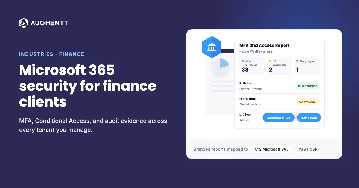 Microsoft 365 security for finance clients, shown with an Augmentt MFA and Access Report
