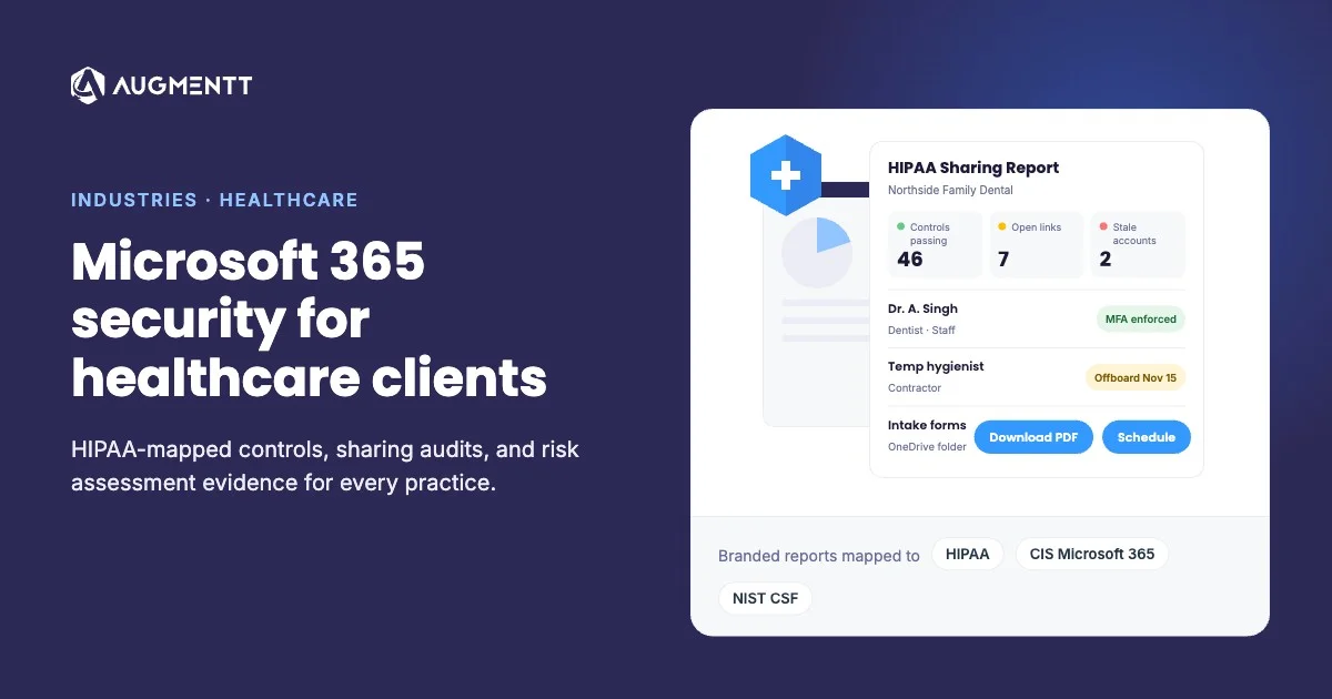 Microsoft 365 security for healthcare clients, shown with an Augmentt HIPAA Sharing Report