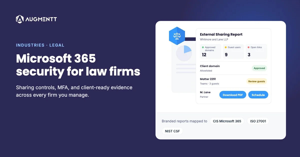 Microsoft 365 security for law firms, shown with an Augmentt External Sharing Report