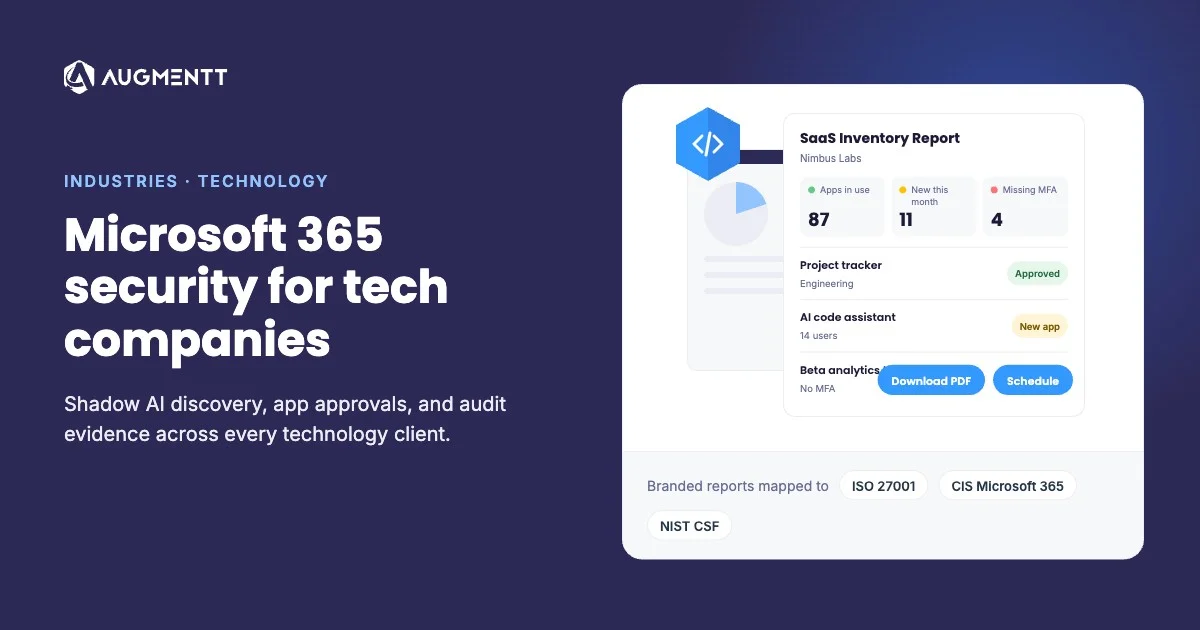 Microsoft 365 security for tech companies, shown with an Augmentt SaaS Inventory Report